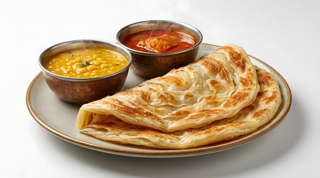 Flaky Malaysian Roti Canai flatbread served with dhal curry, isolated on a white background
