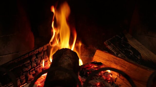 Wood burning in fireplace at home, closeup