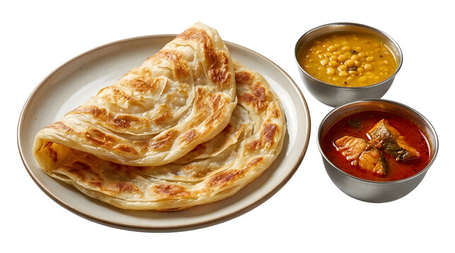 Flaky Malaysian Roti Canai flatbread served with dhal curry, isolated on a white background