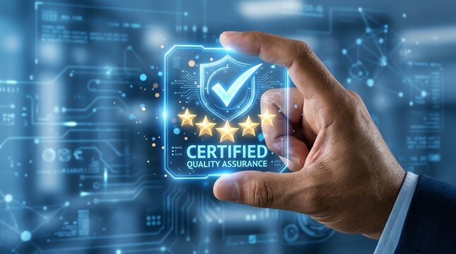 Hand holding glowing digital screen displaying a certified quality assurance badge with five stars, symbolizing excellence, high standards, and successful business management in a technological era