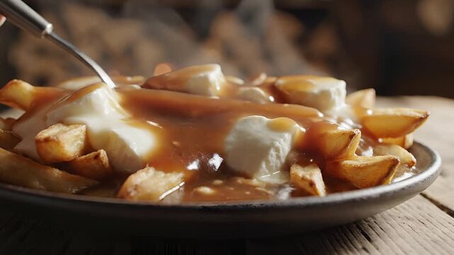 Delicious Poutine with Steaming Gravy and Cheese Curds on a Rustic Table.
