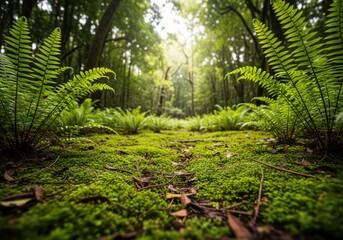 Naklejka premium Lush Green Moss and Ferns on a Forest Floor with Sunlight Filtering Th