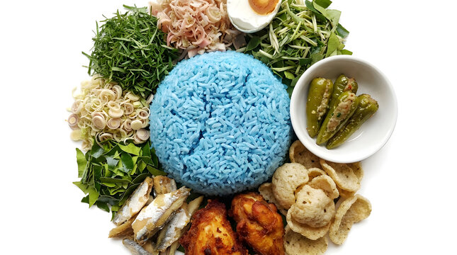 Traditional Malaysian blue rice Nasi Kerabu with assorted herbs and side dishes, isolated on white