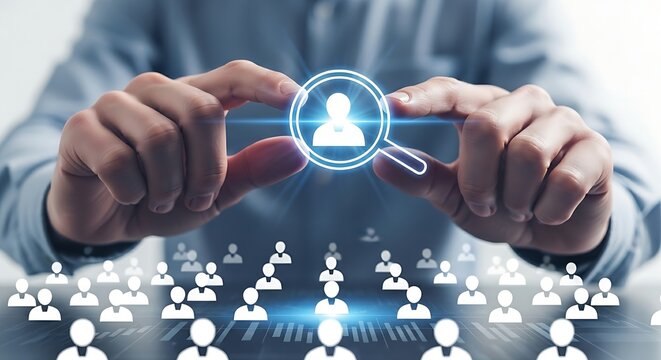 Customer focus concept. A professional's hands position a holographic 'magnifying glass' over a single customer icon among many others, symbolizing customer focus.