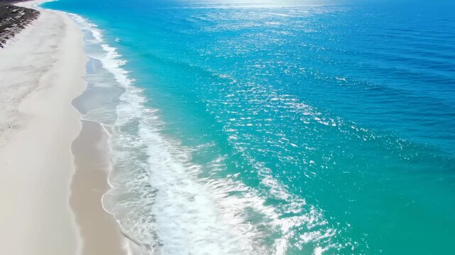 Aerial view of a serene sandy beach and turquoise ocean waves gently rolling ashore, reflecting bright sunlight, peaceful coastal scenery