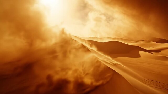 Dramatic desert sand dunes with swirling sandstorm under a golden, cloudy sky, evoking arid environment and extreme weather