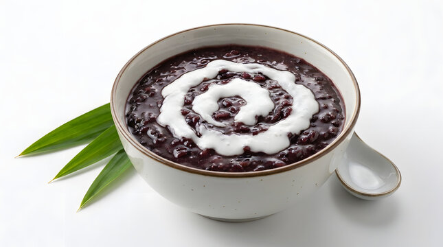 Malaysian Bubur Pulut Hitam black glutinous rice porridge with a swirl of coconut cream, isolated on white