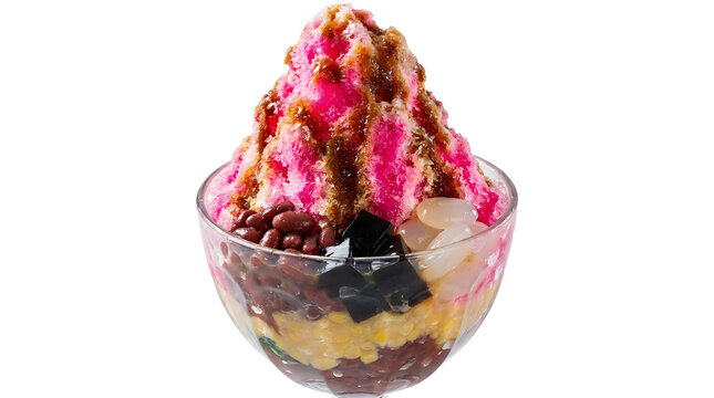 Colorful Malaysian Ais Kacang shaved ice dessert with syrups and mixed toppings, isolated on white