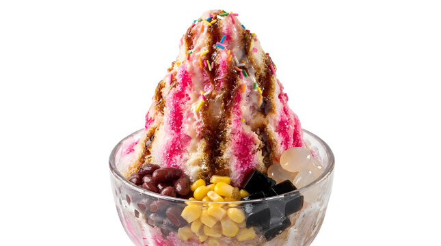Colorful Malaysian Ais Kacang shaved ice dessert with syrups and mixed toppings, isolated on white