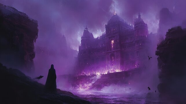 A Foreboding Purple Castle Shrouded in Mist Beneath a Stormy Night Sky