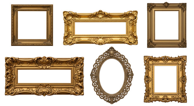 Set of various ornate antique gold picture frames isolated on white background with decoration isolated luxurious collection artistic heritage interior ornament exhibition