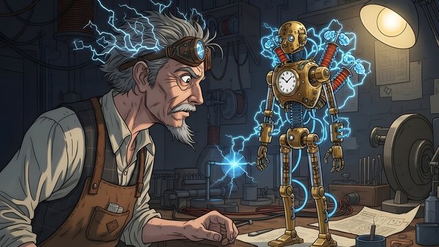 Inventor examines a clockwork robot that is emitting bright electrical sparks in his dimly lit workshop.