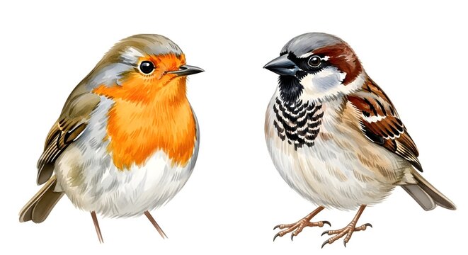 Pair of Small Birds with Colorful Plumage and Distinct Features.
