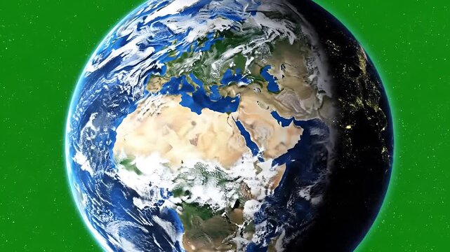 Stunning View of Planet Earth Rotating in Space with Green Background.