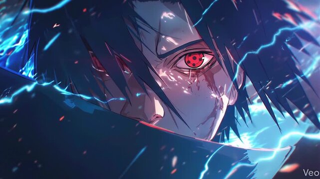 Cinematic illustration of Sasuke Uchiha with active Mangekyou Sharingan, surrounded by blue lightning effects and intense battle atmosphere