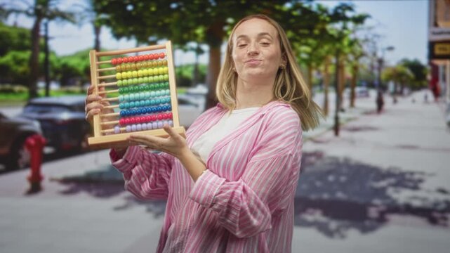 Woman holding wooden abacus with hands, smiling and tilting colorful beads on a sunny street with trees and cars; joyful learning.