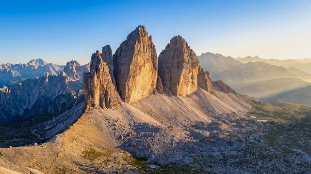 Tre Cime di Lavaredo mountains at sunrise with clear blue sky