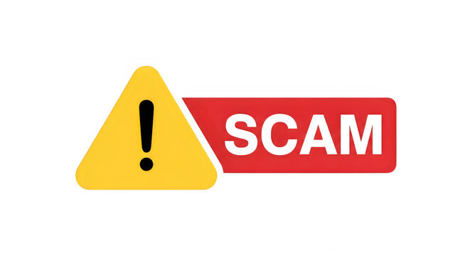 Warning scam alert sign with red and yellow colors isolated on transparent background