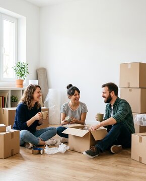 Three friends relaxing and unpacking moving boxes in new home  