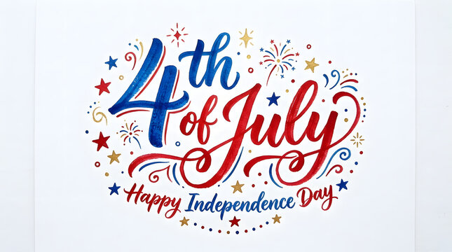 Handwritten 4th of July brush lettering with fireworks and stars on white background
