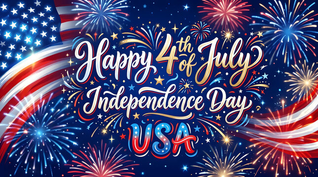 Fireworks display on 4th of July with American flag and typography