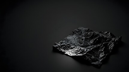 Naklejka premium A dark and mysterious chunk of coal sits alone on a black surface in a dimly lit industrial environment with a rough texture and rugged landscape.
