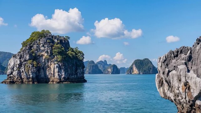 Limestone karsts rise from turquoise water under blue sky