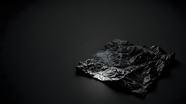 A dark and mysterious chunk of coal sits alone on a black surface in a dimly lit industrial environment with a rough texture and rugged landscape.