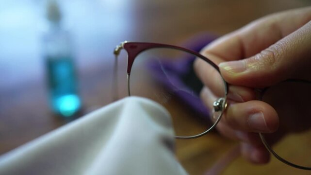 Person cleaning eyeglasses lens with microfiber cloth