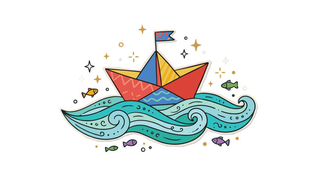 Paper boat on waves colorful folk vector playful illustration
