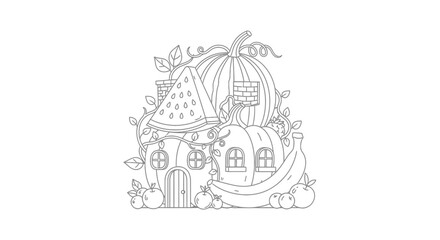 Obraz premium Whimsical Fruit House Coloring Page: Pumpkin, Watermelon, Banana, Apples