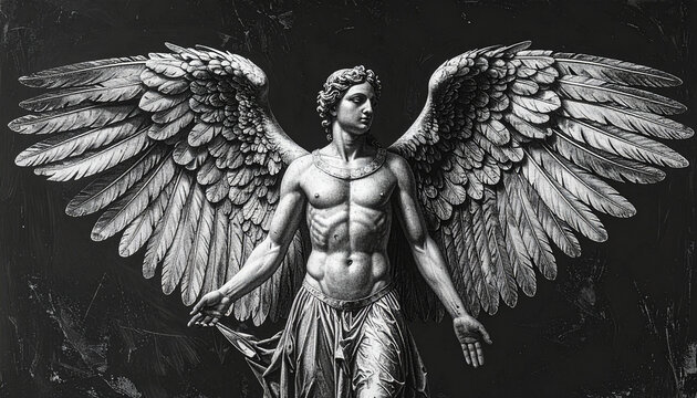 Majestic marble angel statue with outstretched wings.