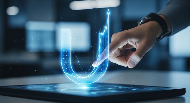 Tipping point concept. An analyst's hand touches the lowest point of a 'U-shaped' curve on a holographic chart, which then begins to rise sharply.