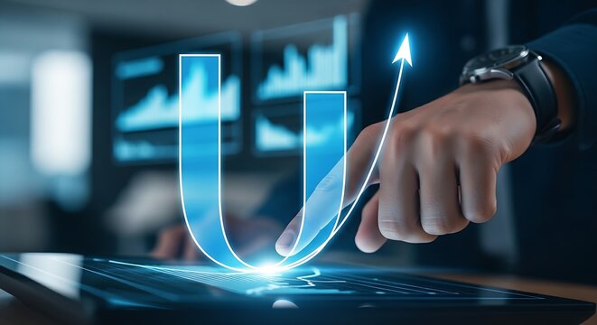 Tipping point concept. An analyst's hand touches the lowest point of a 'U-shaped' curve on a holographic chart, which then begins to rise sharply.