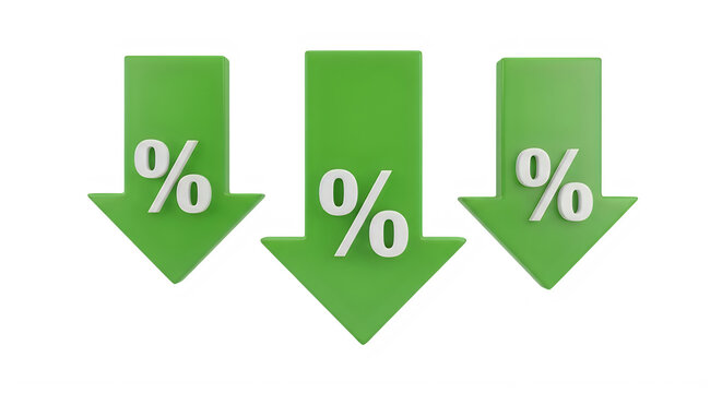 Three green percentage decrease down arrows icon set isolated on transparent background