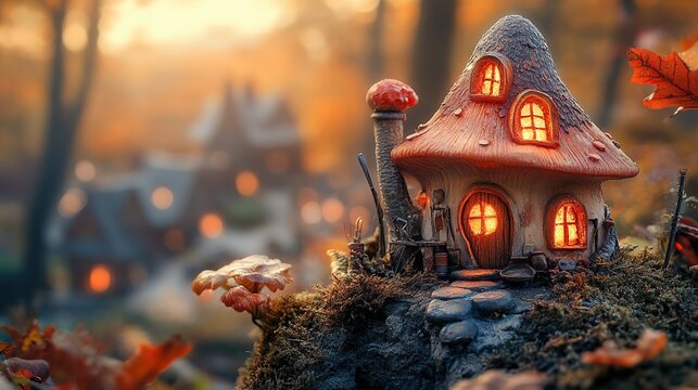 A tiny whimsical mushroom-shaped cottage glowing warmly among autumn moss and leaves