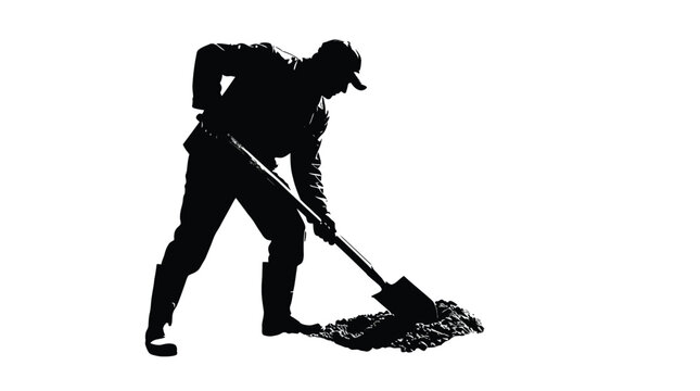 Silhouette of a hard working laborer using a shovel to dig into the ground in this dramatic high contrast black and white artistic studio photo shot
