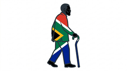 Fototapeta premium Elderly man walking with cane draped in south african flag colors symbolizing national pride and resilience