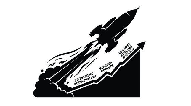 Black and white illustration of a rocket ship launching upward along a rising profit chart showing rapid business growth and successful investment acceleration for corporate development