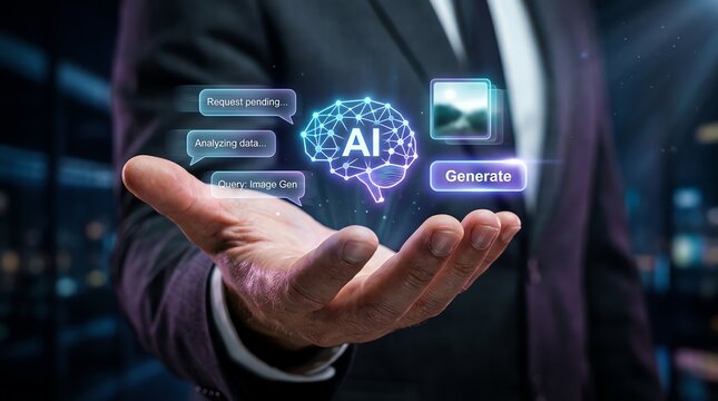 Artificial intelligence concept with a human hand presenting a holographic brain and generating images