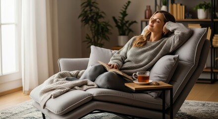 Obraz premium Woman relaxing in a comfortable chair by the window, enjoying a quiet moment with a cup of tea.