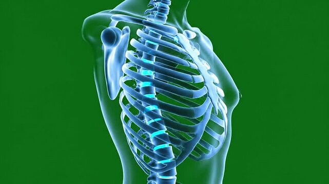 Detailed 3D Medical Illustration Of Human Ribcage And Spine Isolated On Green Screen Background For Educational Medical Purposes