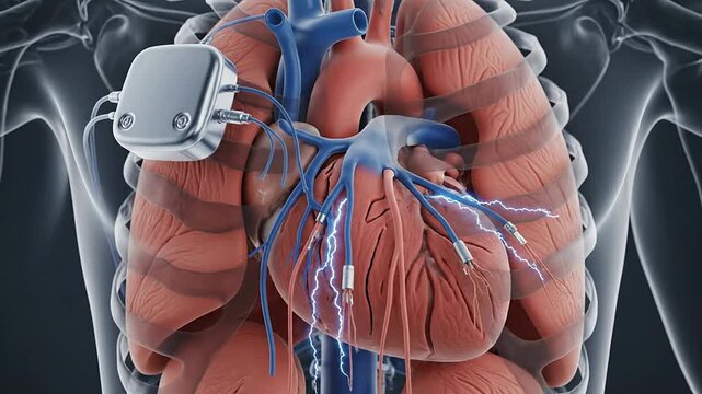 Detailed 3D Render Of Human Lungs And Heart With Pacemaker Device Attached, Showcasing Blood Vessels With Anatomical Transparency Background