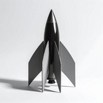 Minimalist black toy rocket ship on white background.