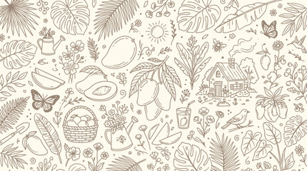 Fototapeta premium Charming Hand-Drawn Tropical Pattern with Mangoes, Leaves, and a Cozy Cottage.