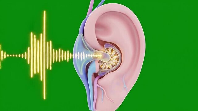 Detailed 3D Rendering of Human Ear with Sound Wave Visualization on Green Screen Background for Educational and Medical Use