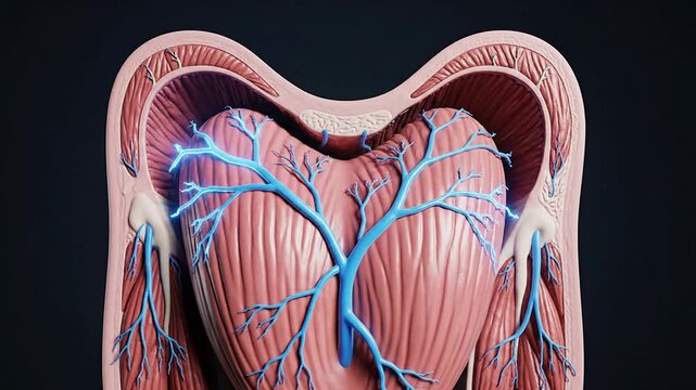 Detailed 3D Rendering of Human Heart Anatomically Correct with Illuminated Arteries and Veins against a Dark Background for Medical and Educational Use