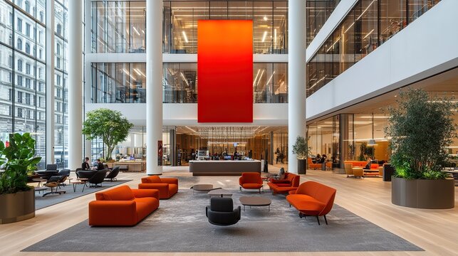 Bright open atrium lobby with red hanging fabric sculpture and orange modular seating