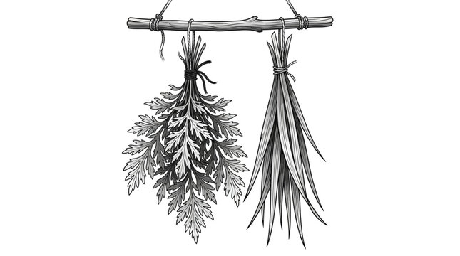 Bunches of Herbs Hanging from Stick.