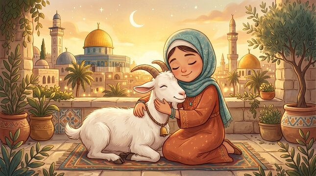 Image is a digital illustration featuring a stylized, animated scene. The layout is centered with a young girl and a goat as the main subjects. The girl has a fair skin tone and is wearing a teal hija